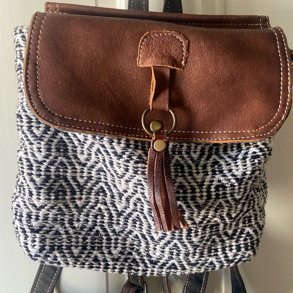 Myra Bag, backpack purse tan, blue& white, never used